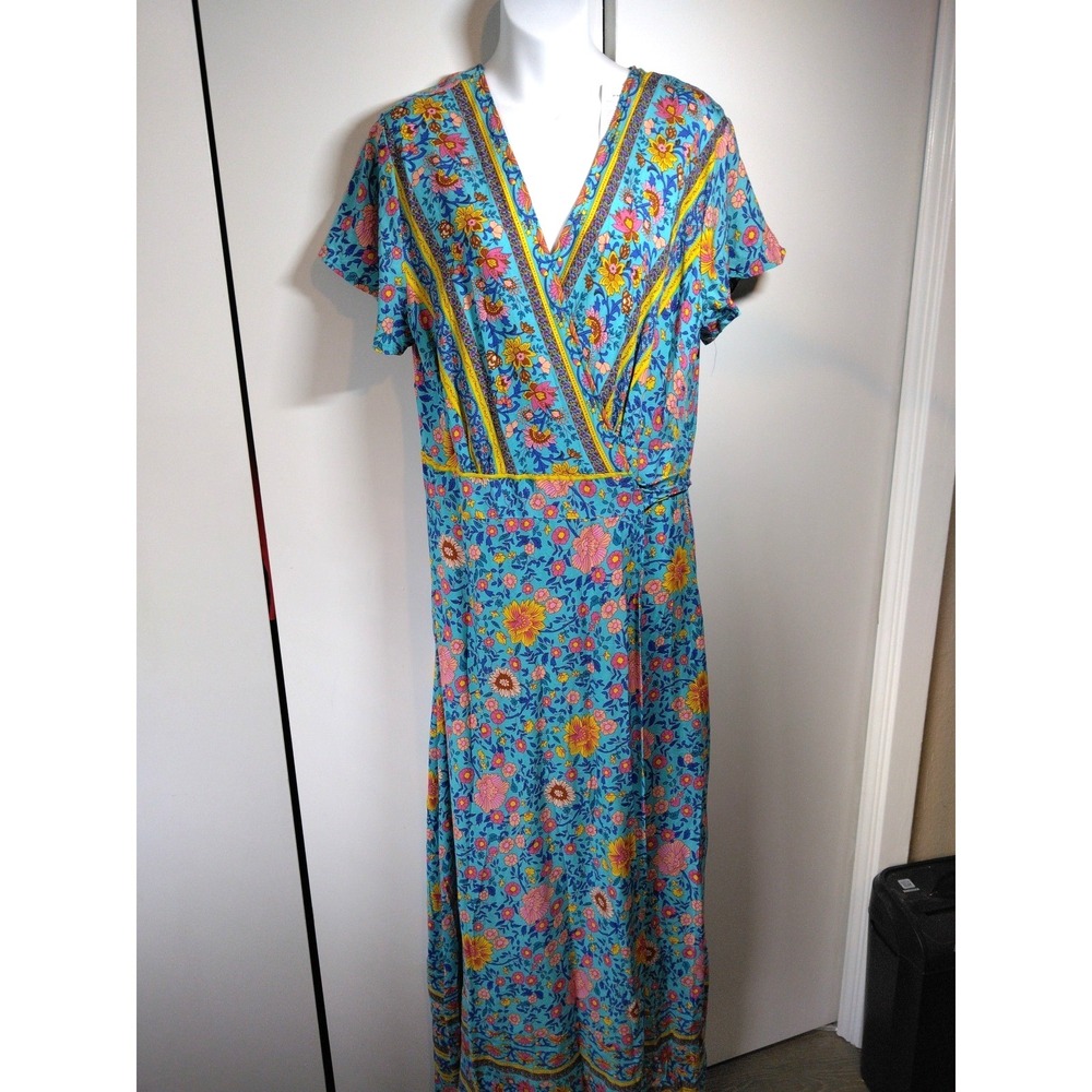 Womens Floral Wrap Maxi Dress CoverUp Size XL Fits L Boho Flowy Resort Waist Tie